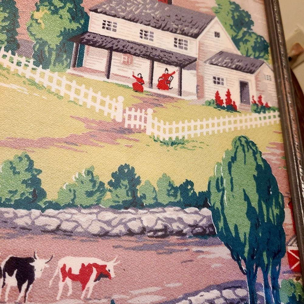 Vintage Framed Textile with Farm And Women - Picture 2 of 6